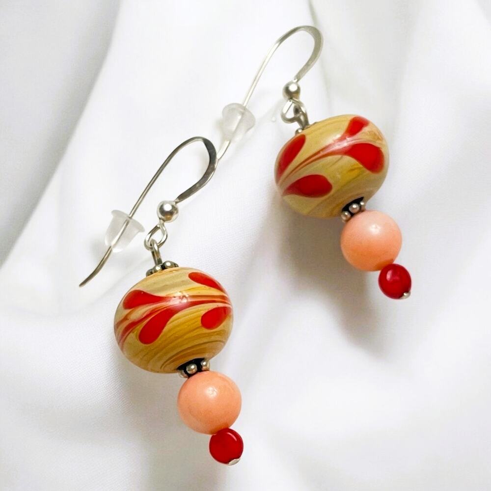 Vintage Donna Dressler Swirled Red/Cream Clay Beads, Pink & Red Jasper Earrings